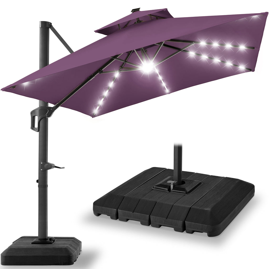 2-Tier Square LED Cantilever Offset Umbrella with 360 Rotation Base - 10x10ft for outdoor comfort and convenience