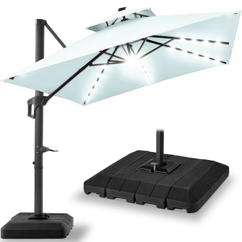 2-Tier Square LED Cantilever Offset Umbrella with 360 Rotation Base - 10x10ft for outdoor comfort and convenience
