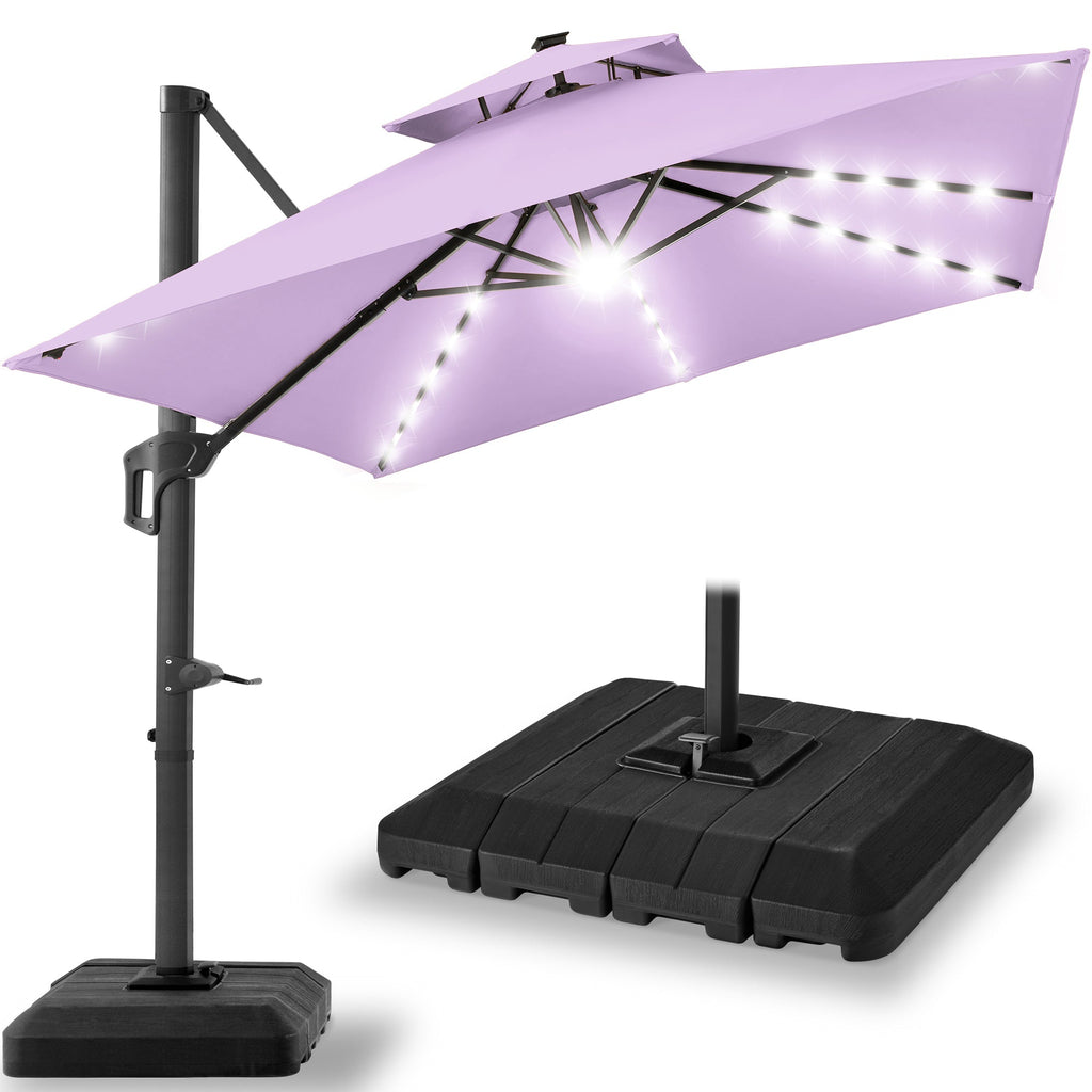 2-Tier Square LED Cantilever Offset Umbrella with 360 Rotation Base - 10x10ft for outdoor comfort and convenience