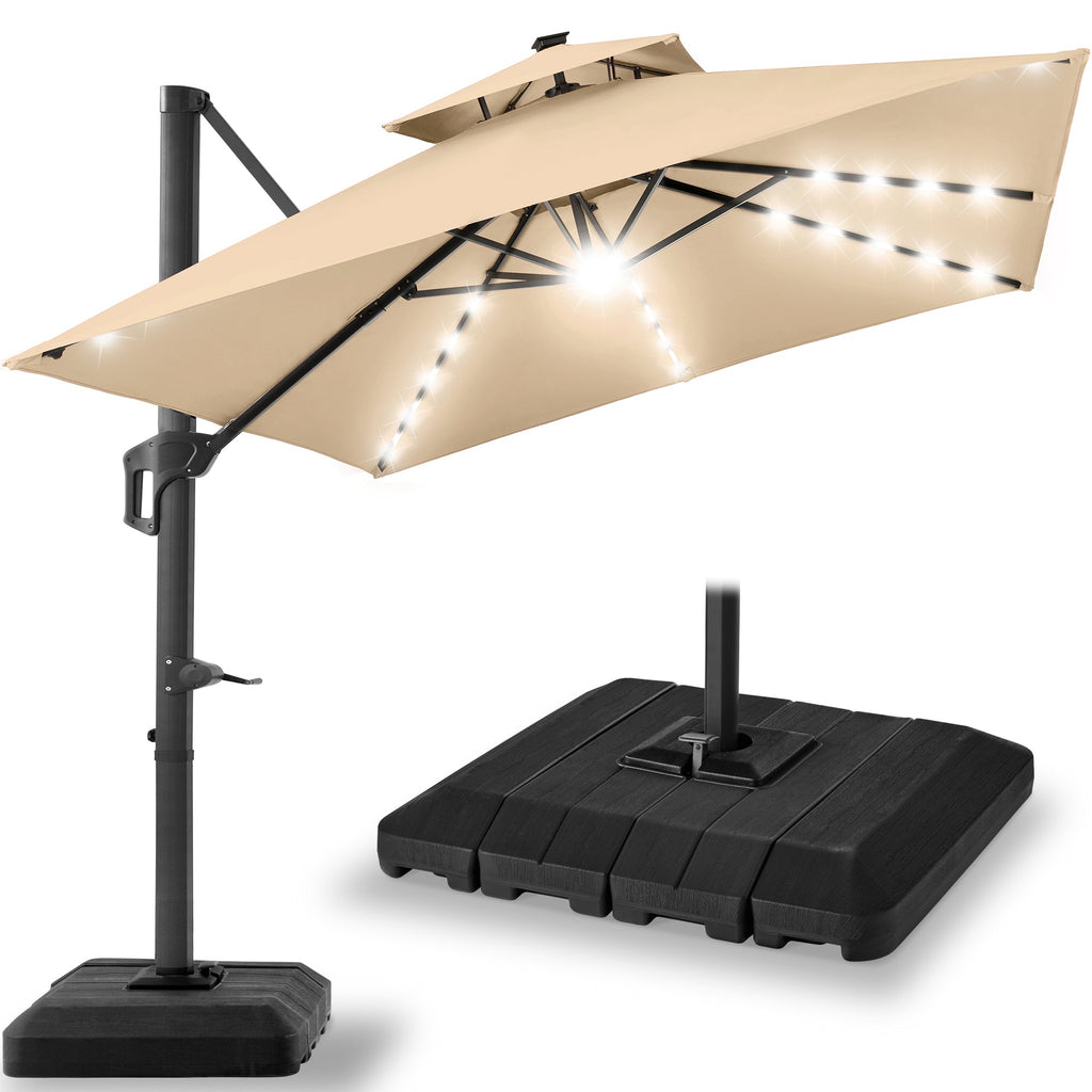 2-Tier Square LED Cantilever Offset Umbrella with 360 Rotation Base - 10x10ft for outdoor comfort and convenience
