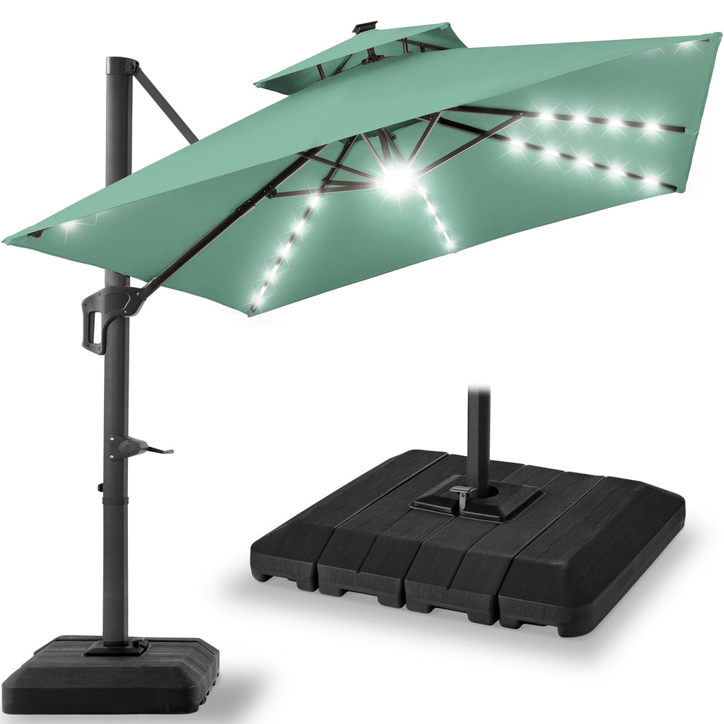 2-Tier Square LED Cantilever Offset Umbrella with 360 Rotation Base - 10x10ft for outdoor comfort and convenience