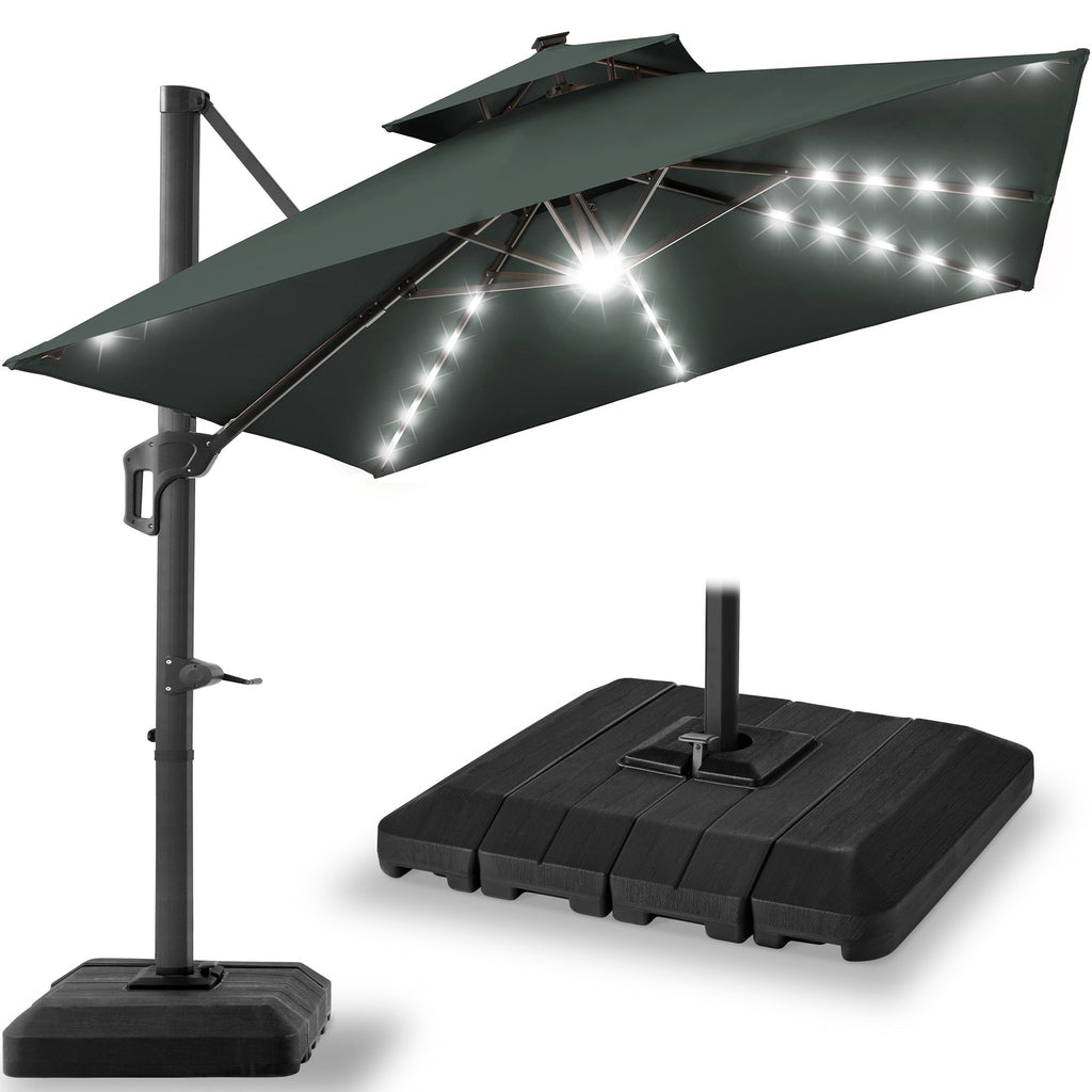 2-Tier Square LED Cantilever Offset Umbrella with 360 Rotation Base - 10x10ft for outdoor comfort and convenience