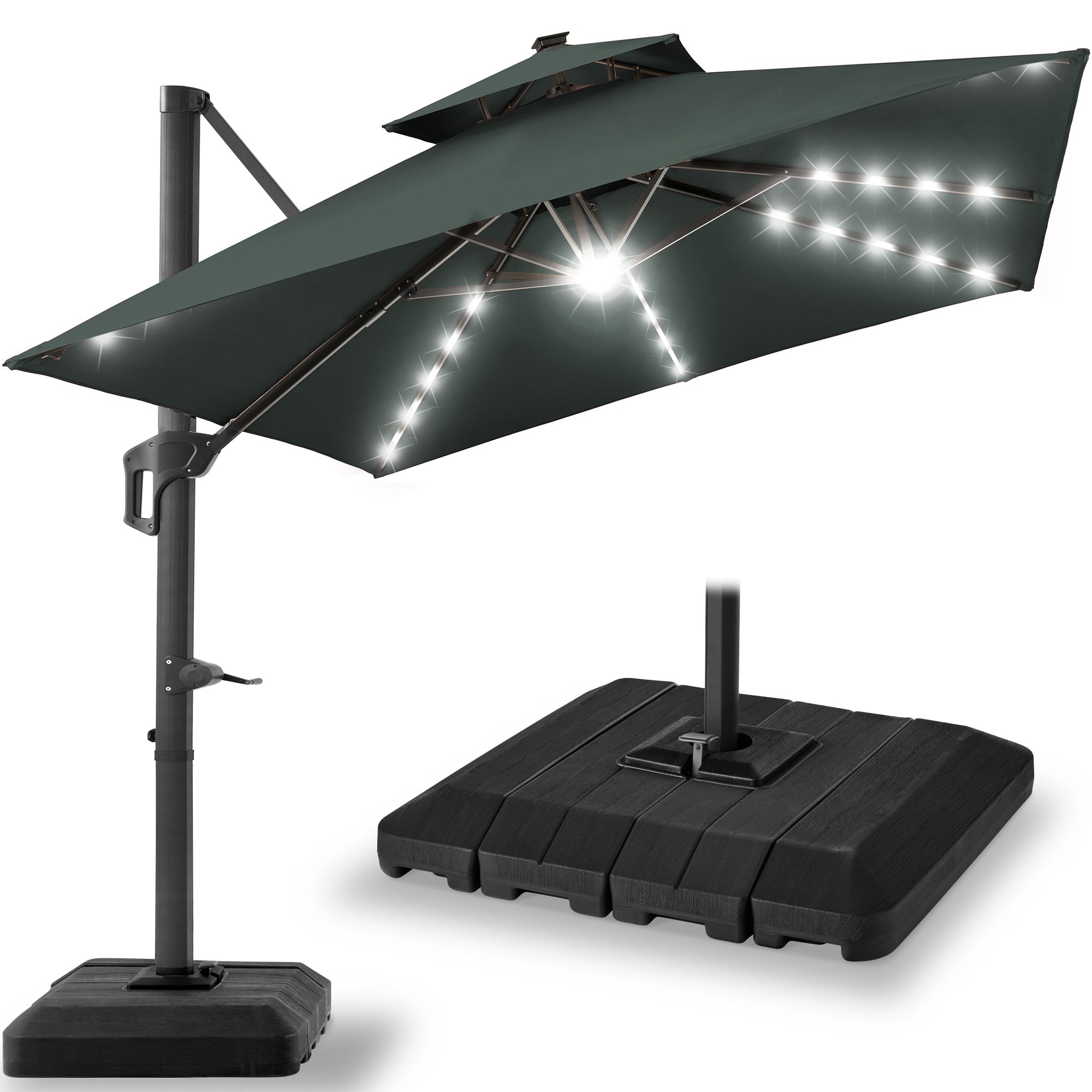 2-Tier Square LED Cantilever Offset Umbrella with 360 Rotation Base - 10x10ft for outdoor comfort and convenience
