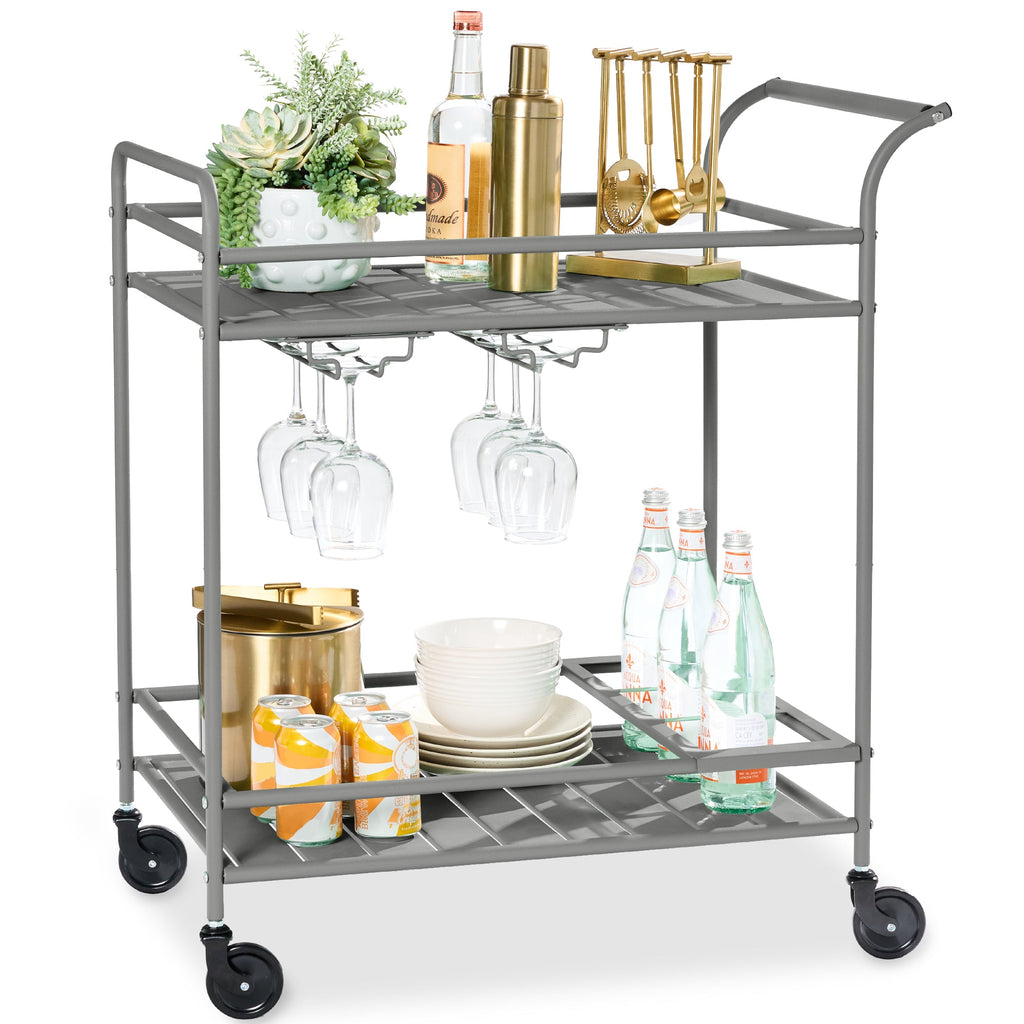 2-Tier Rolling Bar Cart Indoor/Outdoor with Shelves Wine Rack Locking Wheels with practical outdoor-ready details