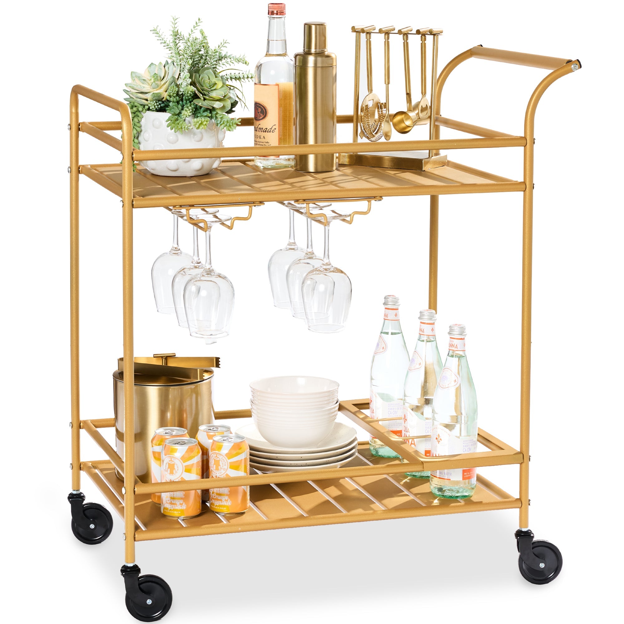 2-Tier Rolling Bar Cart Indoor/Outdoor with Shelves Wine Rack Locking Wheels with practical outdoor-ready details