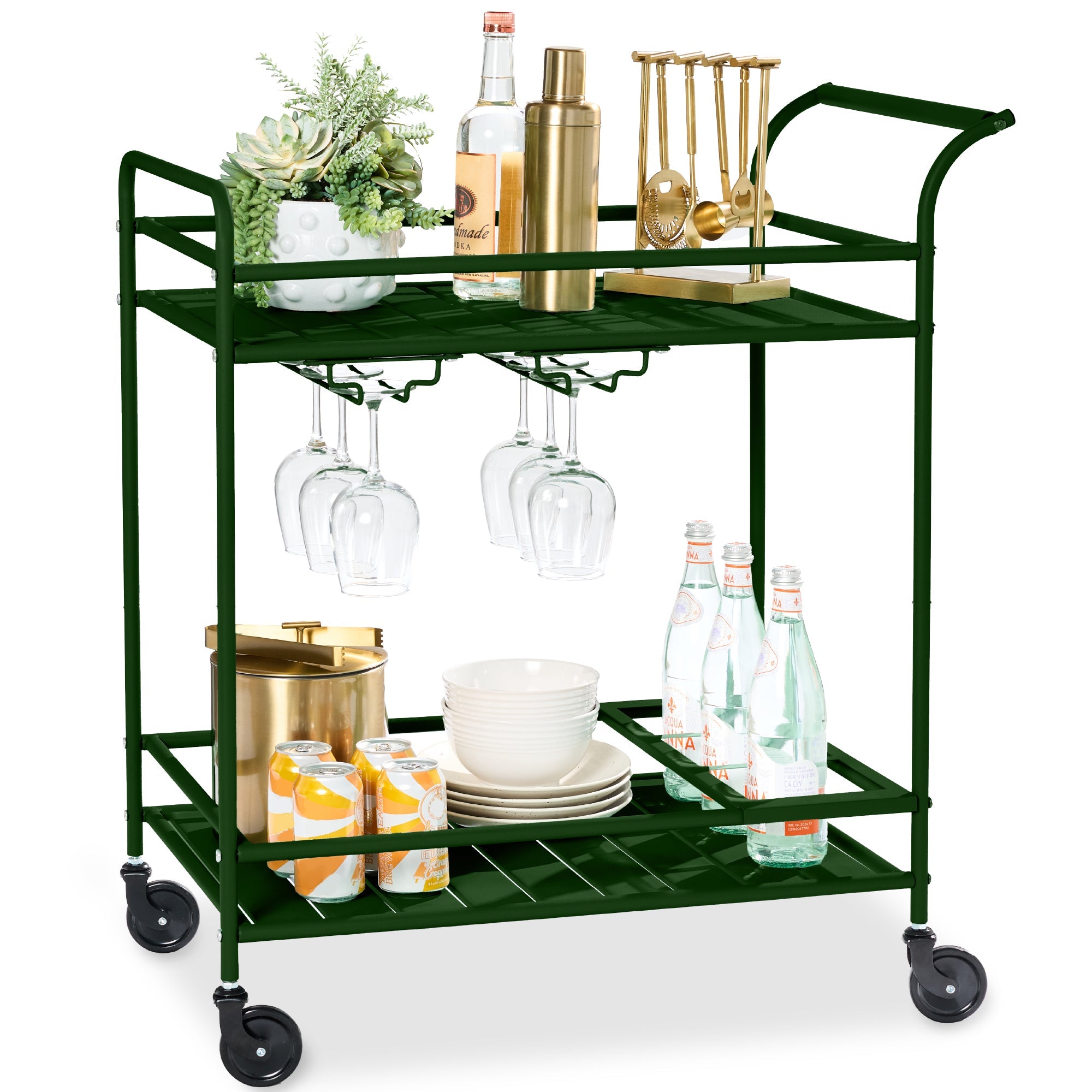 2-Tier Rolling Bar Cart Indoor/Outdoor with Shelves Wine Rack Locking Wheels with practical outdoor-ready details