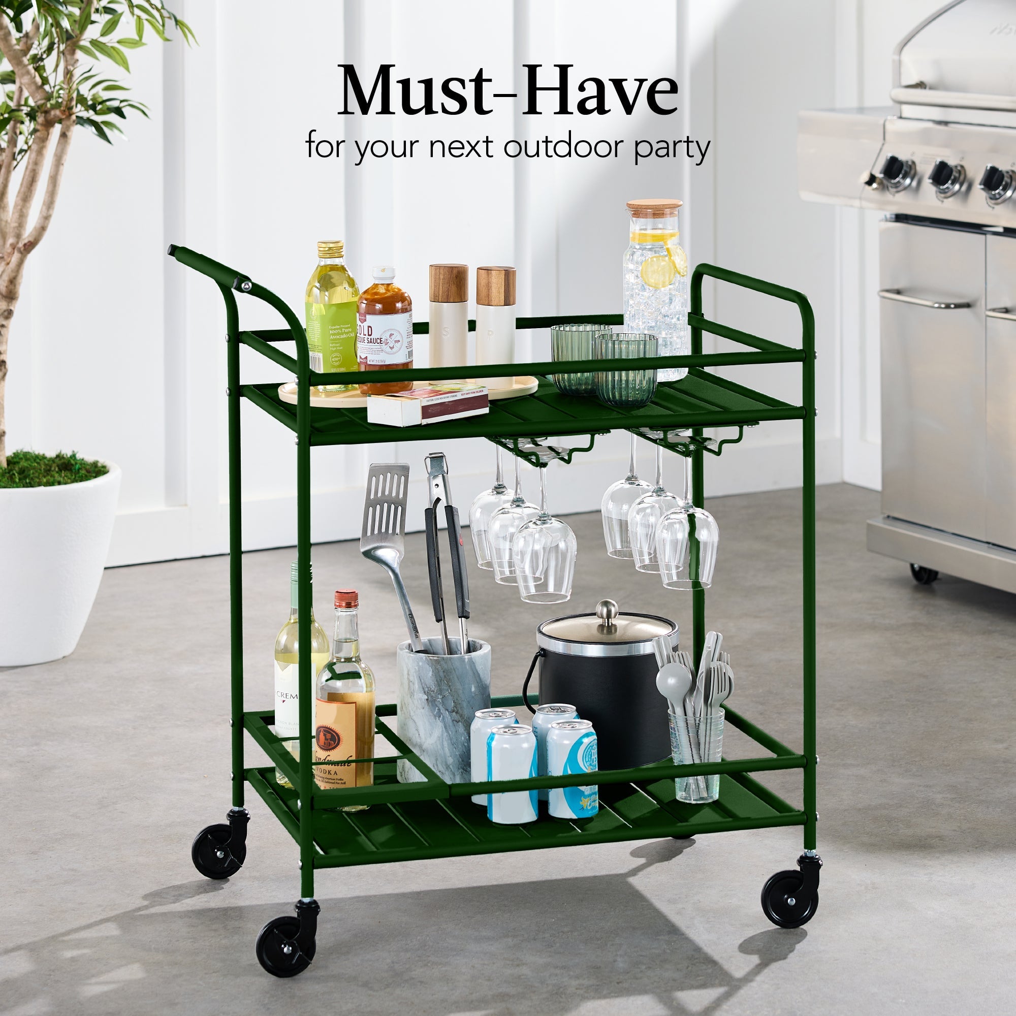 2-Tier Rolling Bar Cart Indoor/Outdoor with Shelves Wine Rack Locking Wheels with practical outdoor-ready details