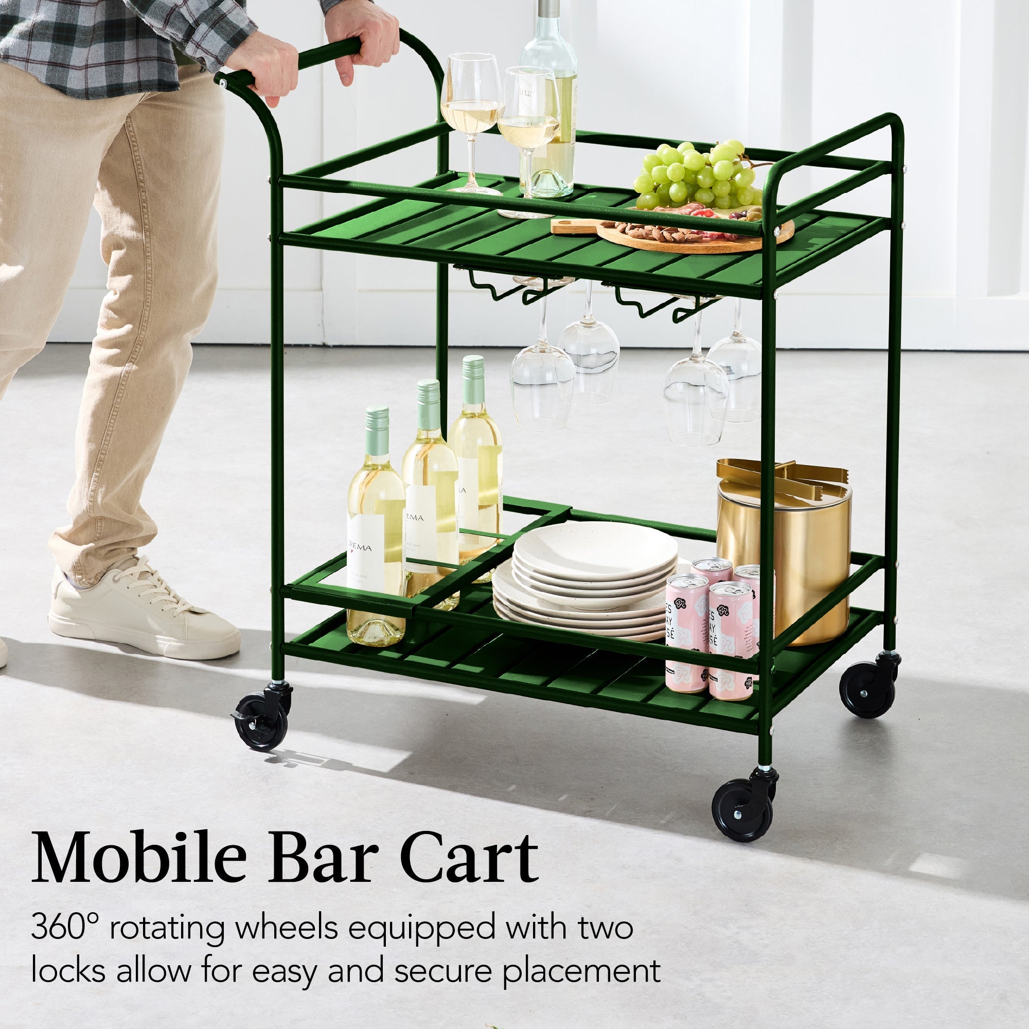 2-Tier Rolling Bar Cart Indoor/Outdoor with Shelves Wine Rack Locking Wheels with practical outdoor-ready details