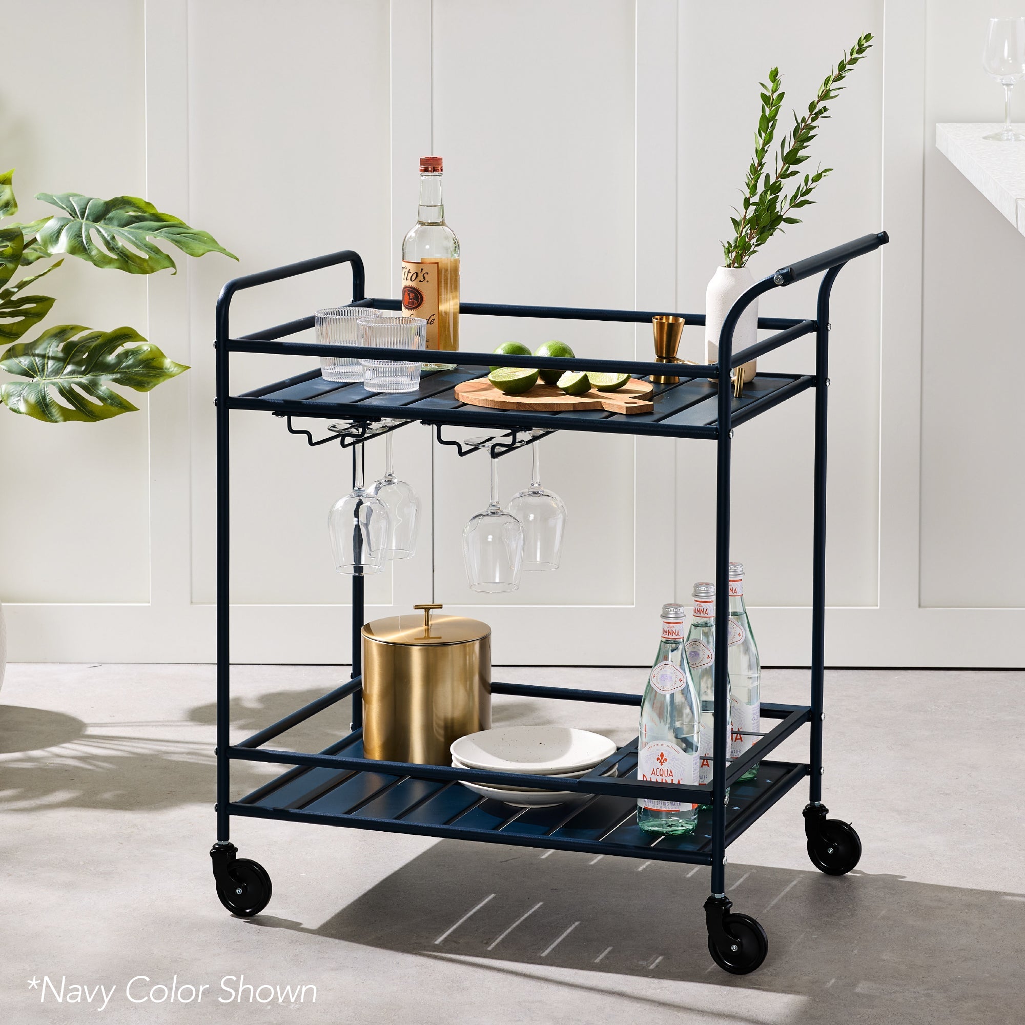 2-Tier Rolling Bar Cart Indoor/Outdoor with Shelves Wine Rack Locking Wheels with practical outdoor-ready details
