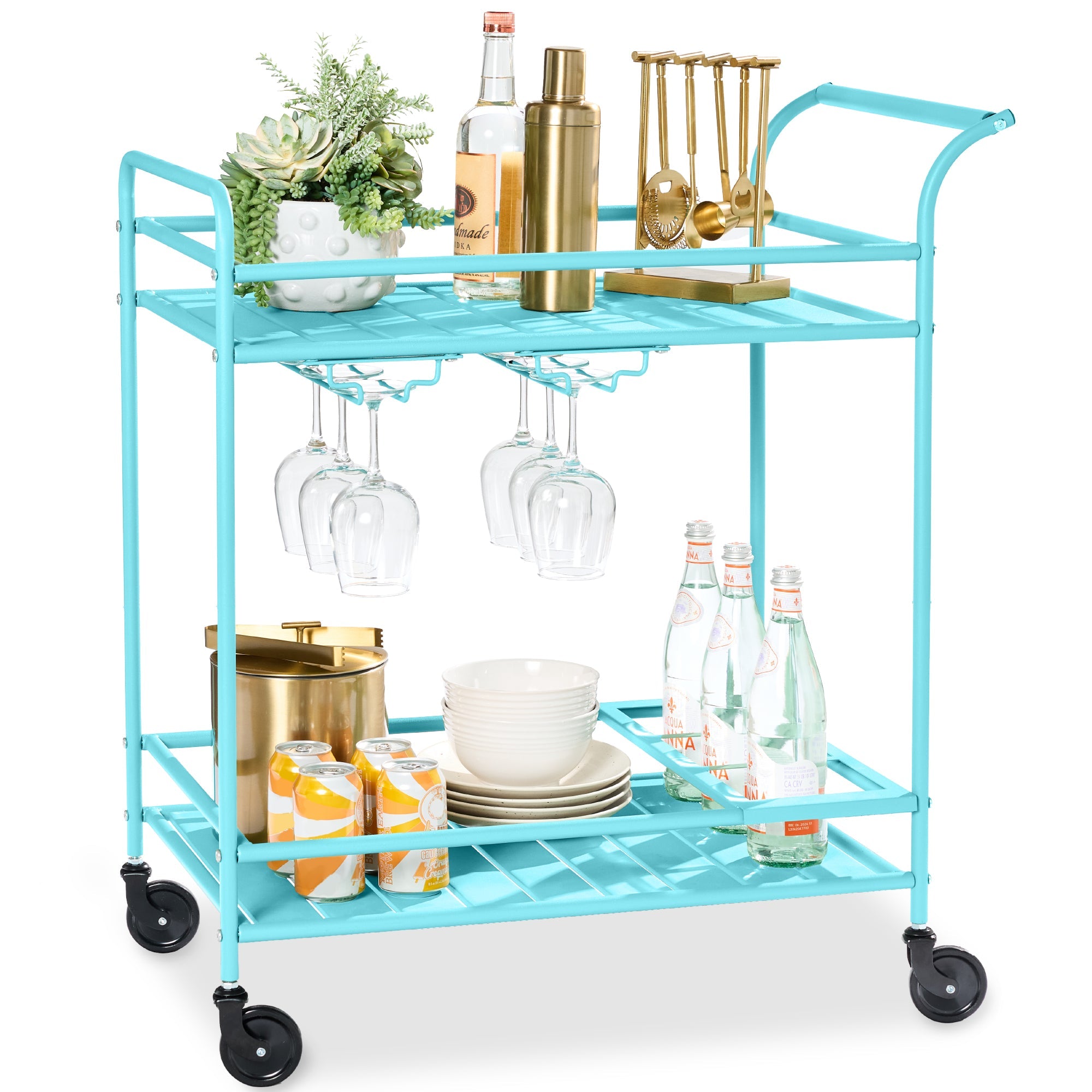 2-Tier Rolling Bar Cart Indoor/Outdoor with Shelves Wine Rack Locking Wheels with practical outdoor-ready details