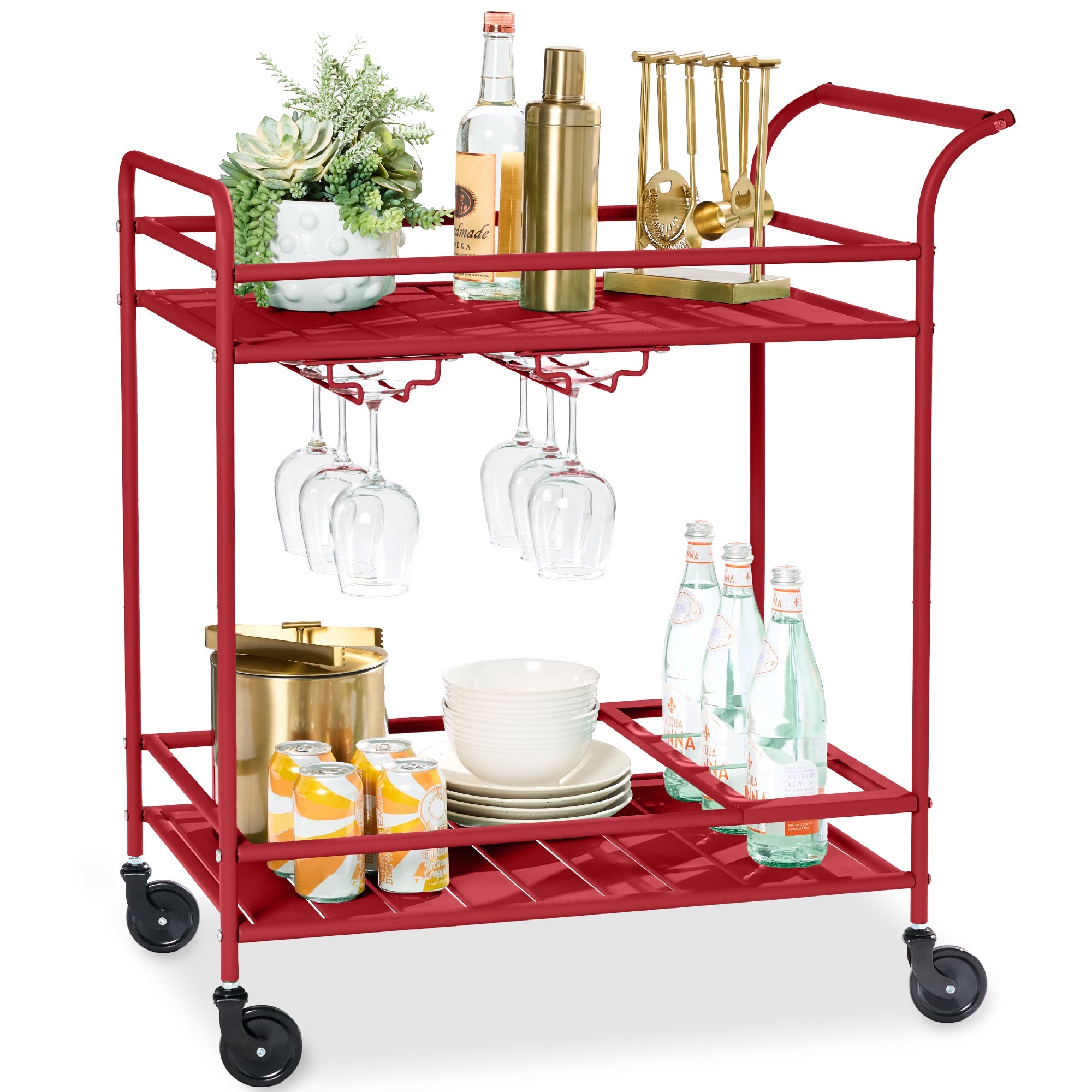2-Tier Rolling Bar Cart Indoor/Outdoor with Shelves Wine Rack Locking Wheels with practical outdoor-ready details