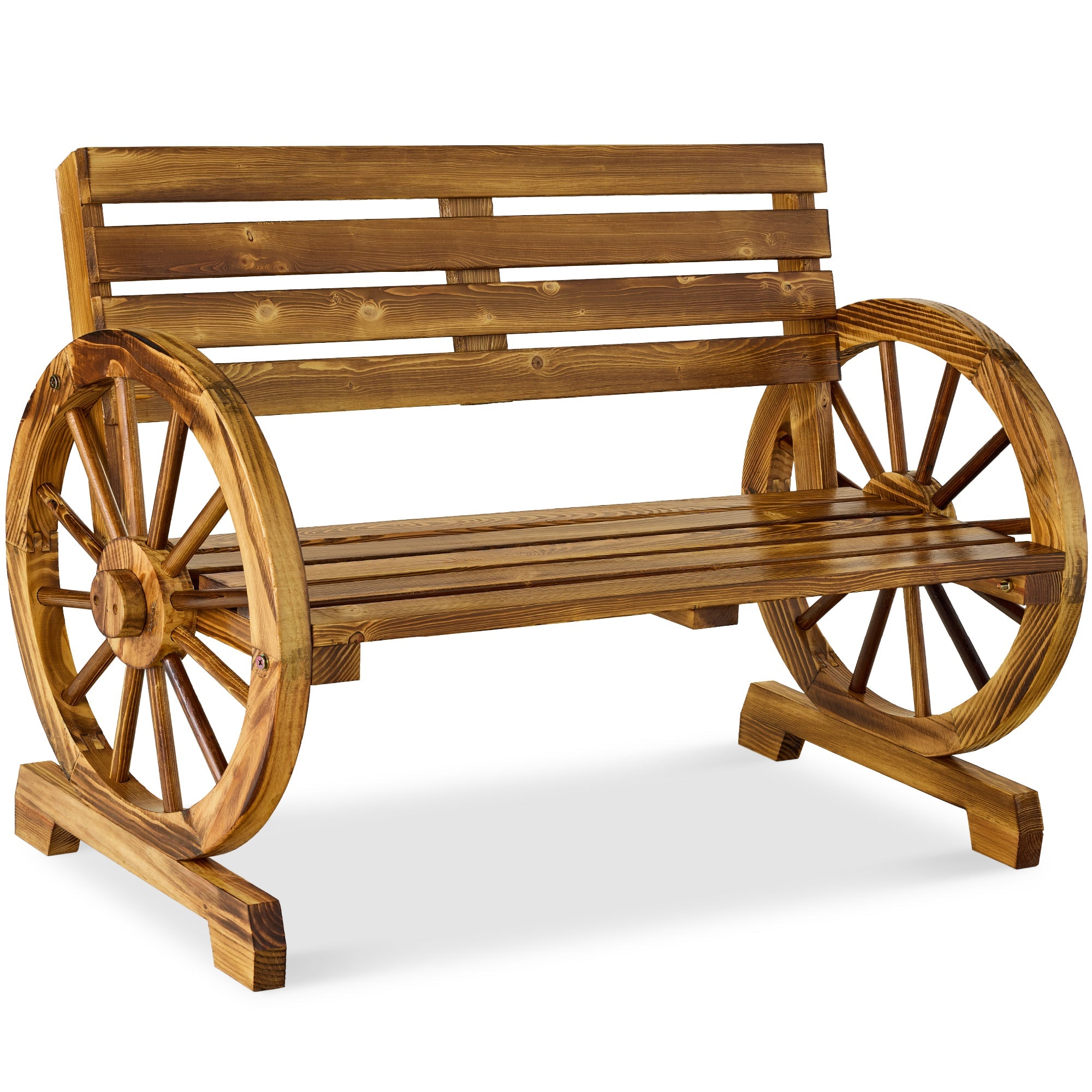 2-Person Rustic Wooden Wagon Wheel Bench with Slatted Seat and Backrest with useful details for patio, backyard, and outdoor living