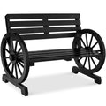 2-Person Rustic Wooden Wagon Wheel Bench with Slatted Seat and Backrest with useful details for patio, backyard, and outdoor living