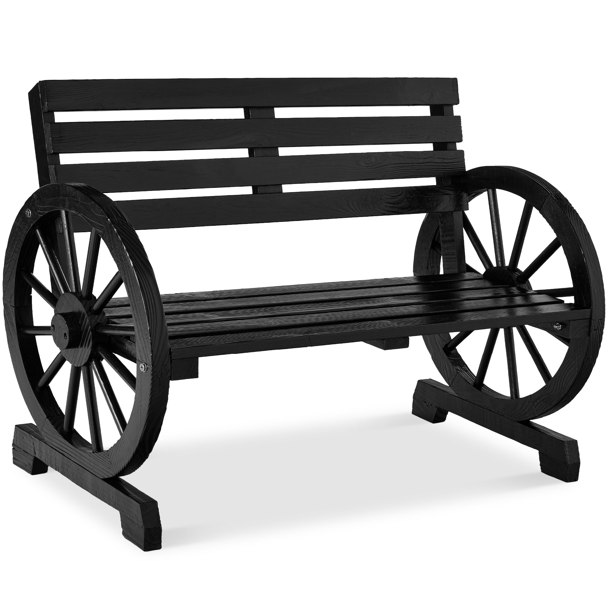 2-Person Rustic Wooden Wagon Wheel Bench with Slatted Seat and Backrest with useful details for patio, backyard, and outdoor living