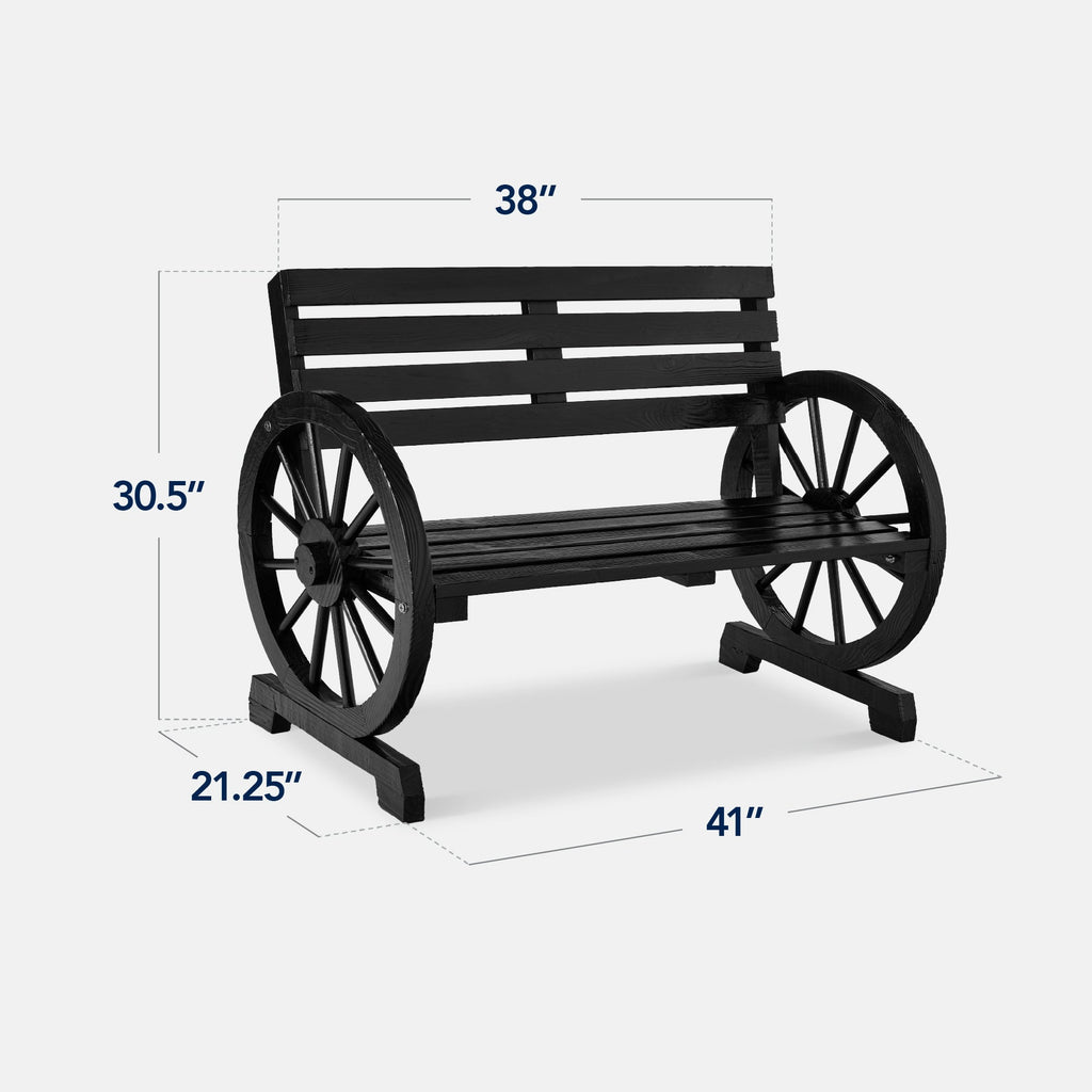 2-Person Rustic Wooden Wagon Wheel Bench with Slatted Seat and Backrest with useful details for patio, backyard, and outdoor living