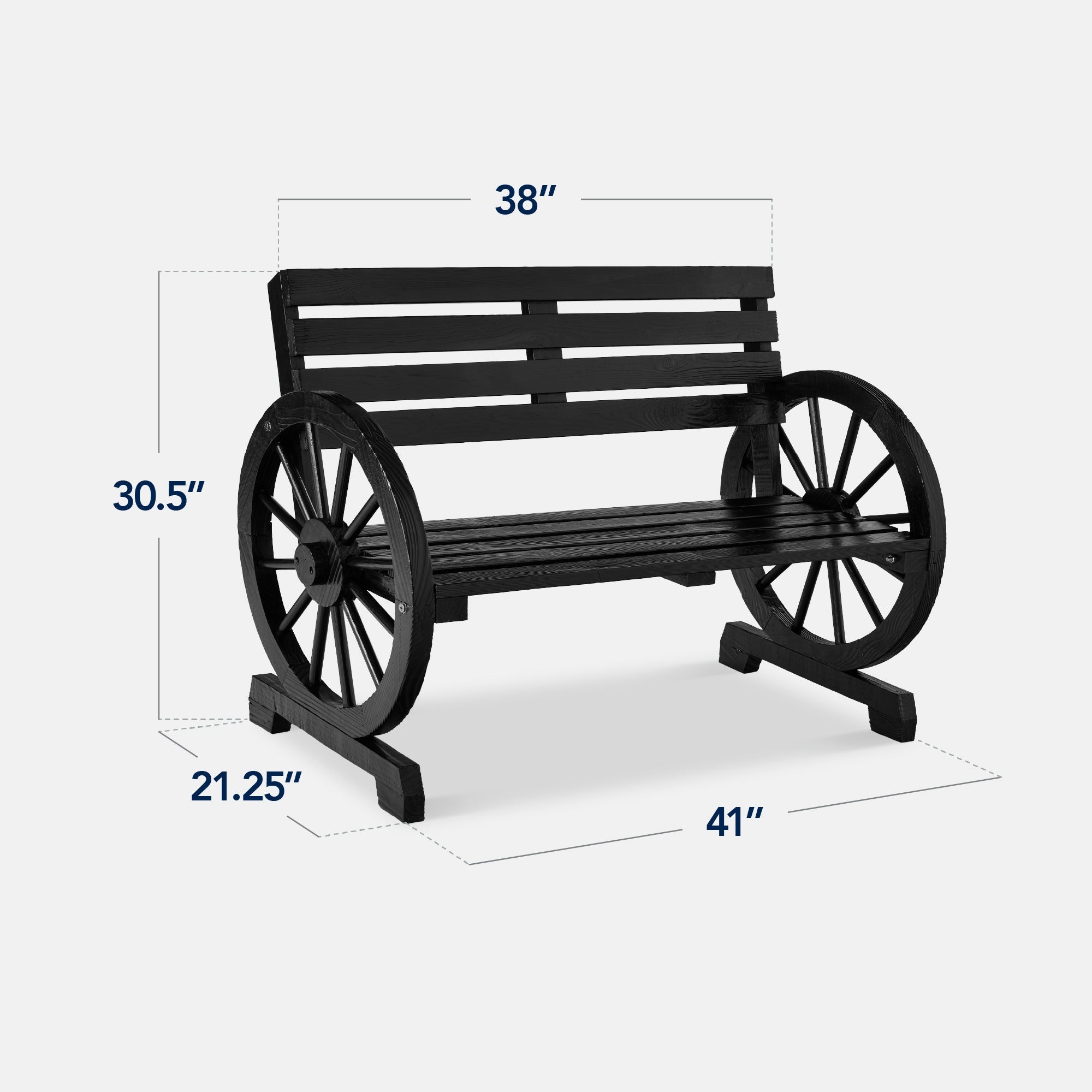 2-Person Rustic Wooden Wagon Wheel Bench with Slatted Seat and Backrest with useful details for patio, backyard, and outdoor living