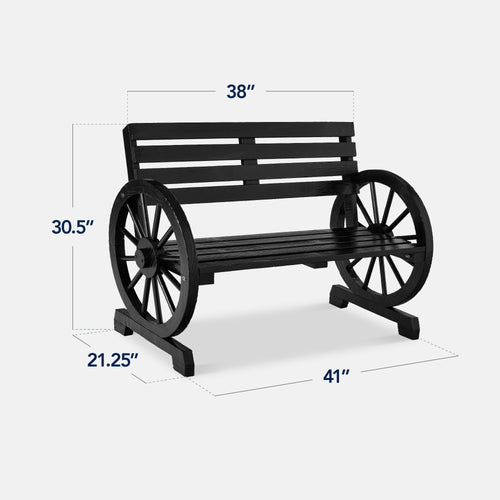 2-Person Rustic Wooden Wagon Wheel Bench with Slatted Seat and Backrest with useful details for patio, backyard, and outdoor living
