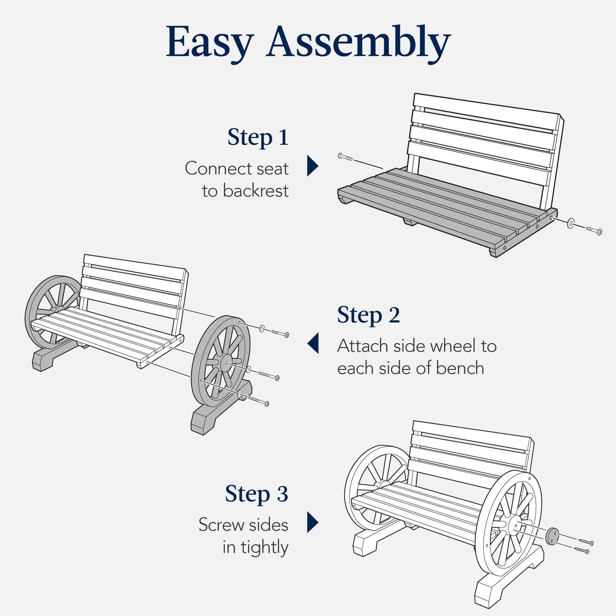 2-Person Rustic Wooden Wagon Wheel Bench with Slatted Seat and Backrest with useful details for patio, backyard, and outdoor living