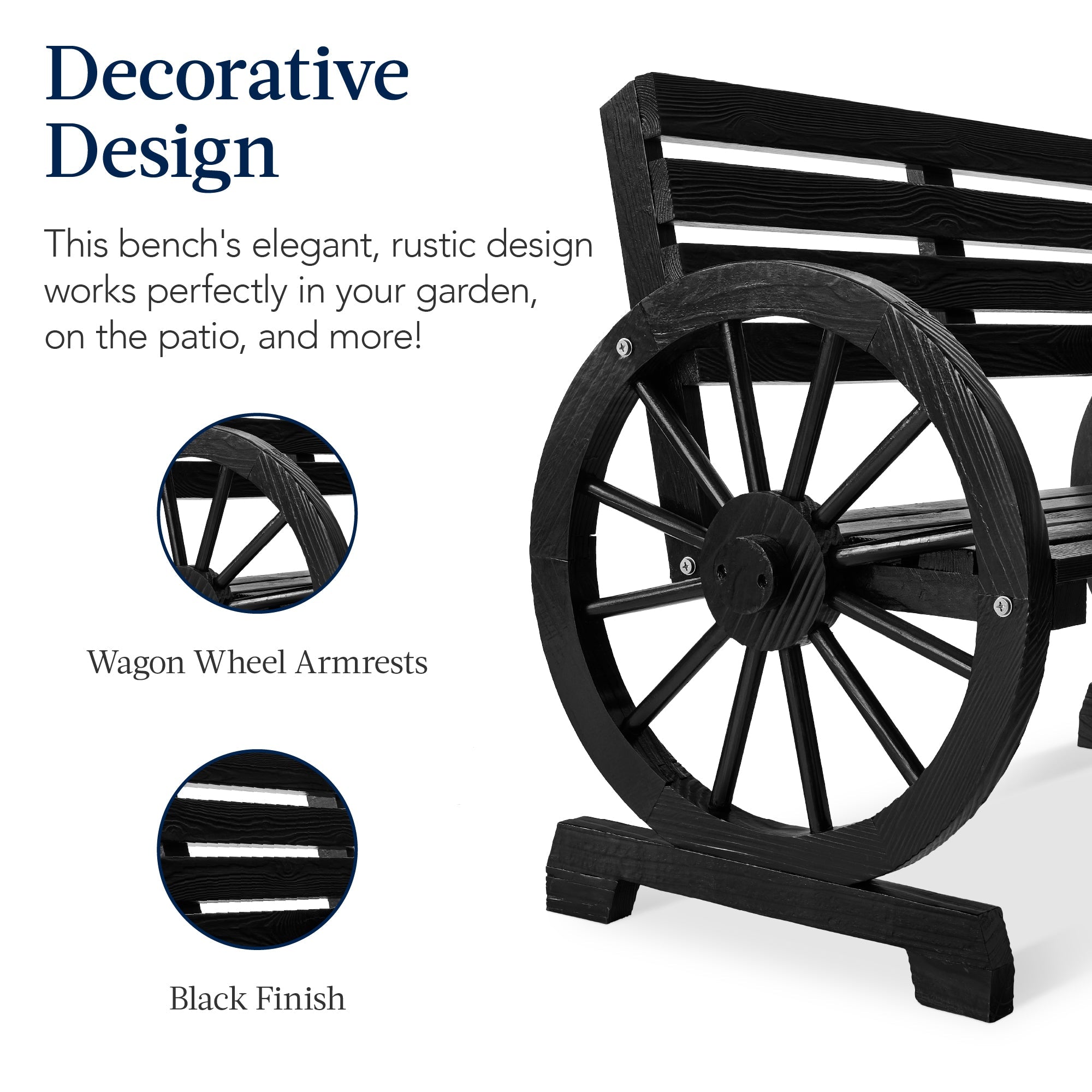 2-Person Rustic Wooden Wagon Wheel Bench with Slatted Seat and Backrest with useful details for patio, backyard, and outdoor living