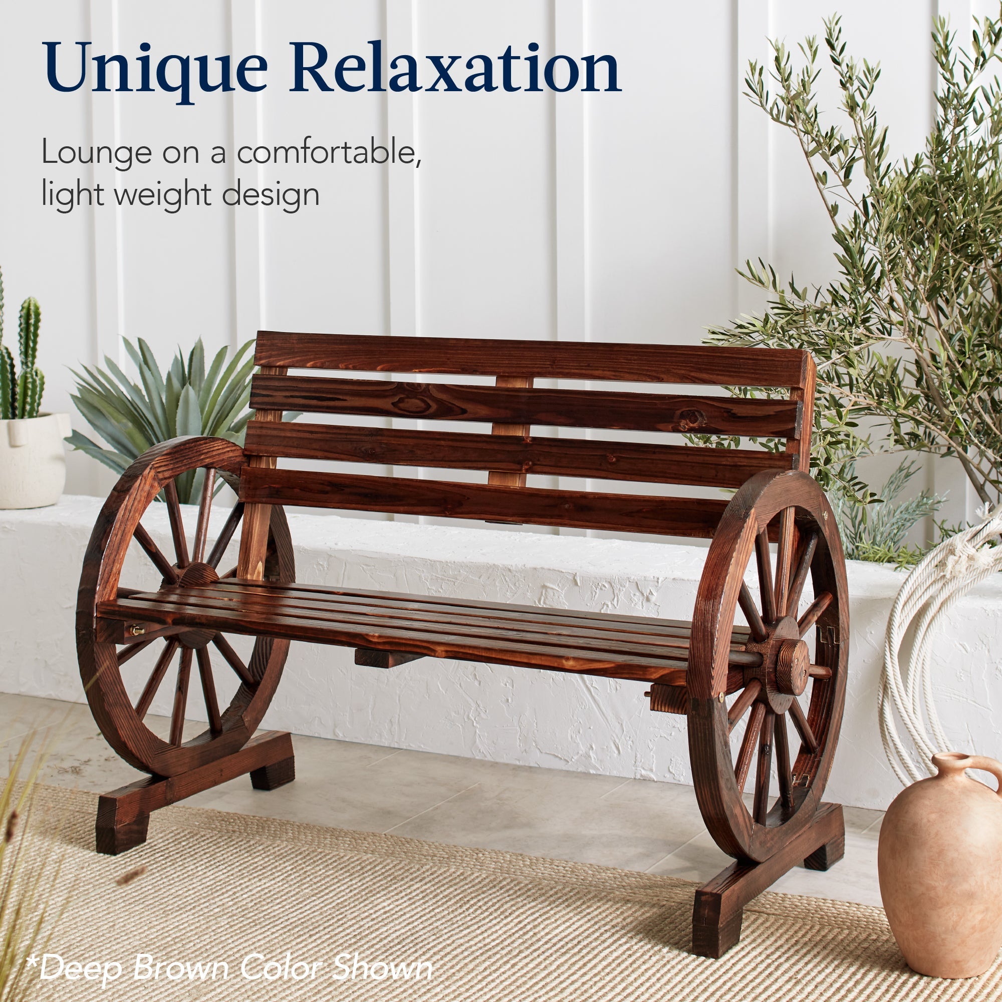 2-Person Rustic Wooden Wagon Wheel Bench with Slatted Seat and Backrest with useful details for patio, backyard, and outdoor living