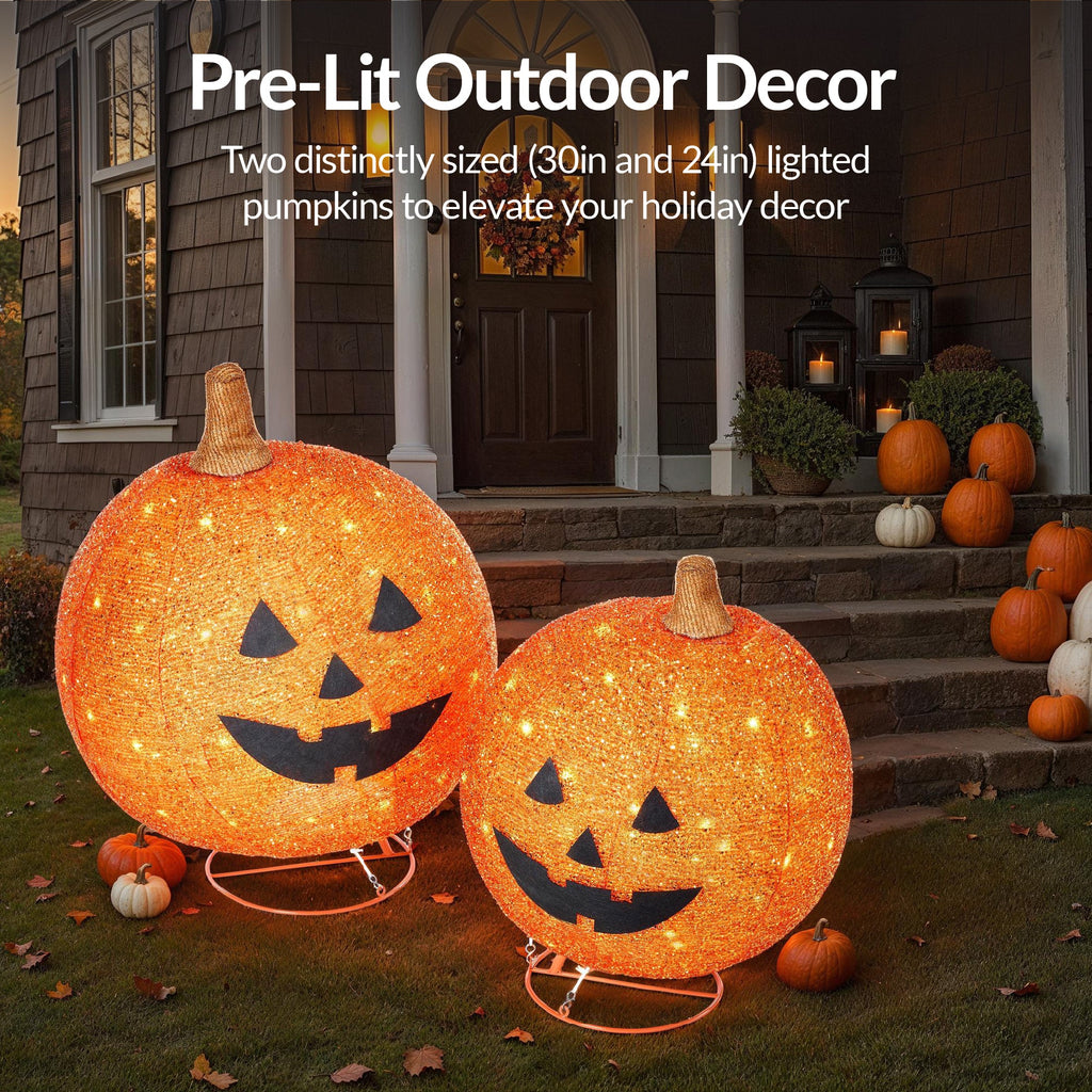 2pc Lighted Pop-Up Outdoor Halloween Holiday Pumpkin Set with 130 LED Lights for festive seasonal decorating