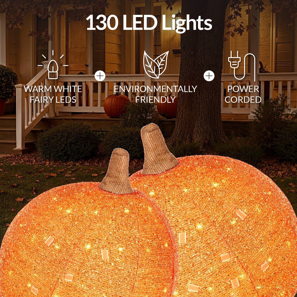 2pc Lighted Pop-Up Outdoor Halloween Holiday Pumpkin Set with 130 LED Lights for festive seasonal decorating