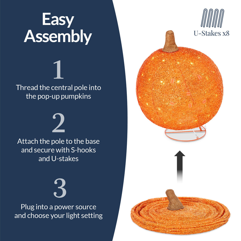 2pc Lighted Pop-Up Outdoor Halloween Holiday Pumpkin Set with 130 LED Lights for festive seasonal decorating