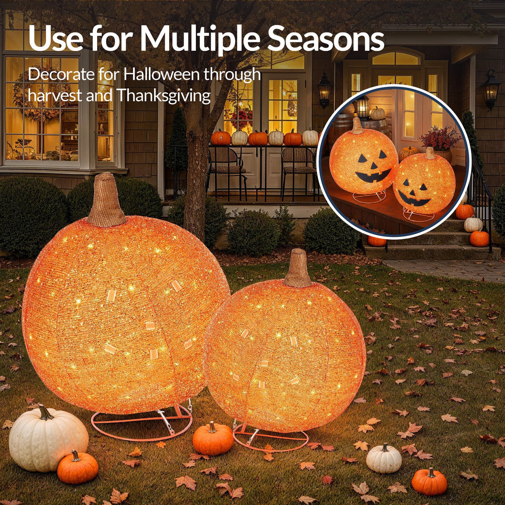 2pc Lighted Pop-Up Outdoor Halloween Holiday Pumpkin Set with 130 LED Lights for festive seasonal decorating