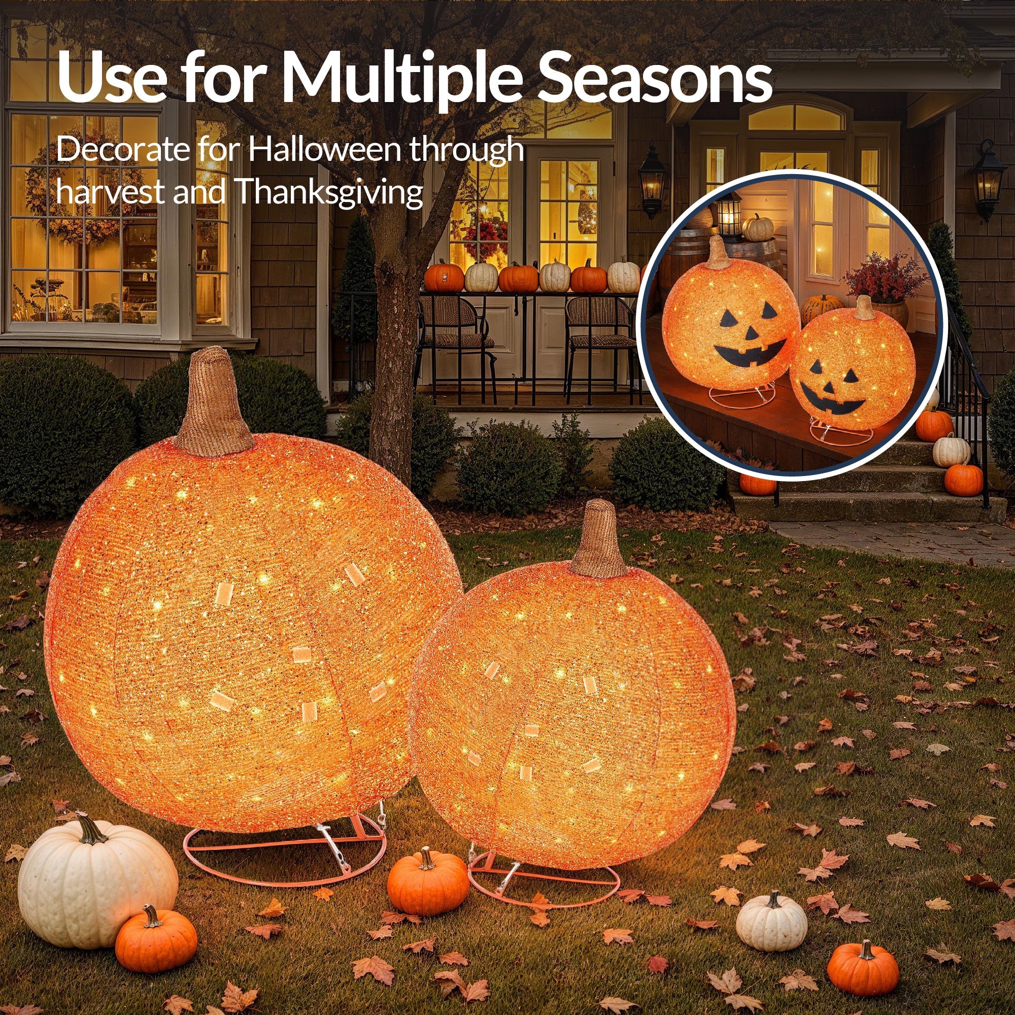 2pc Lighted Pop-Up Outdoor Halloween Holiday Pumpkin Set with 130 LED Lights for festive seasonal decorating